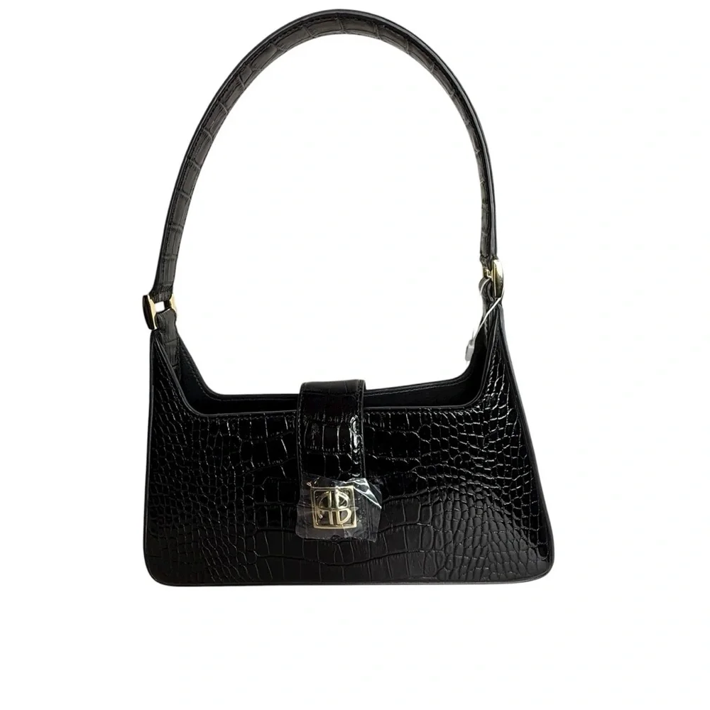 Anine Bing Mini Grace Shoulder Bag in Black Embossed Croc - Picture 3 of 13